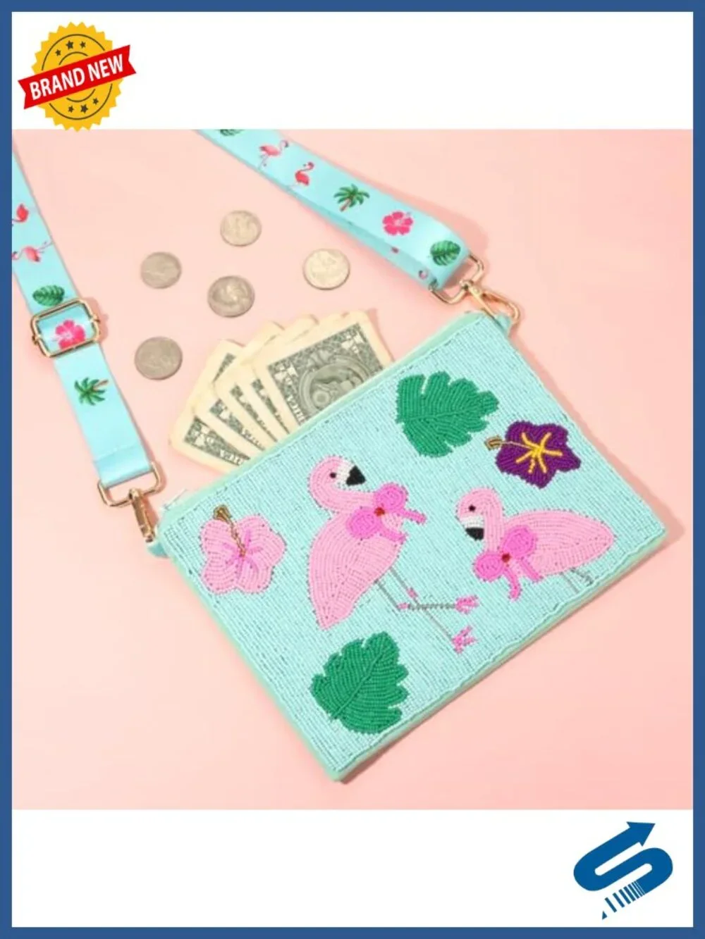 Beaded Flamingo Crossbody Purse Tropical Summer Beach Shoulder Bag